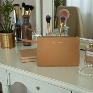 KARL LAGERFELD RUSSET BROWN SAFFIANO LEATHER WRISTLET AUTHENTIC